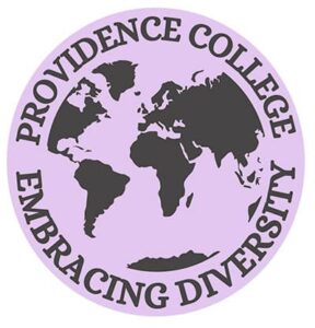 Map of earth with a pink background and the words Providence College Embracing Diversity surrounding it